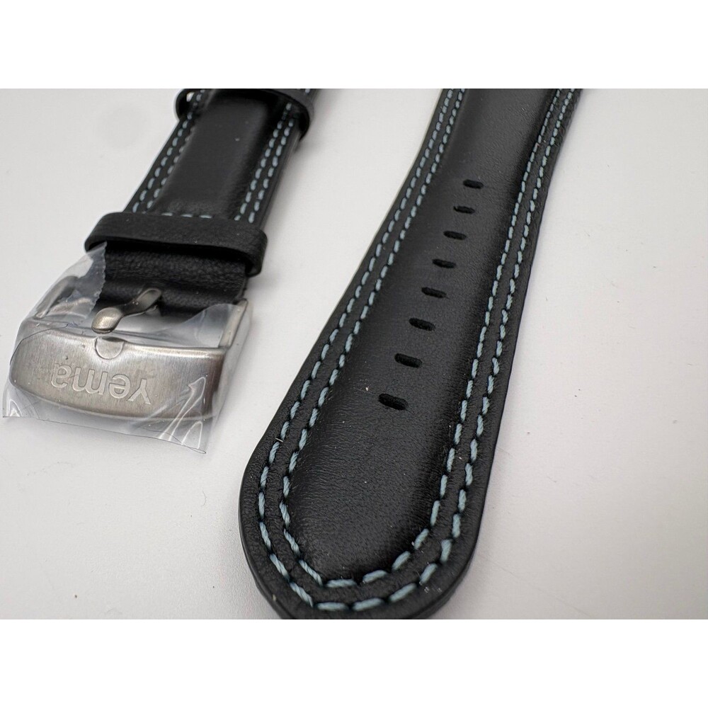 New OEM Yema Black Genuine Leather Watch Strap | Blue Stitching 20mm Stainless
